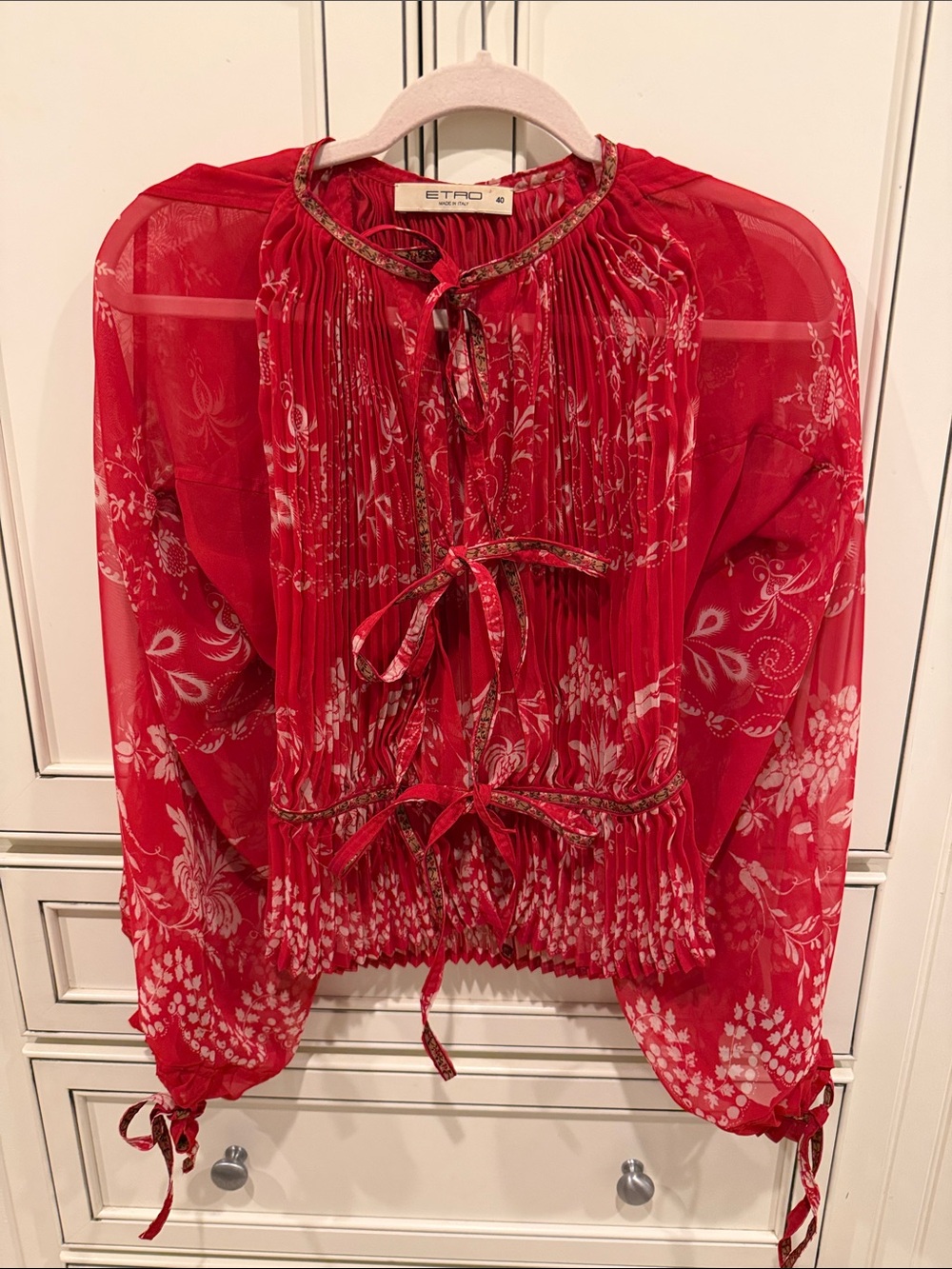 Etro Red Floral Sheer Tie-Front Blouse